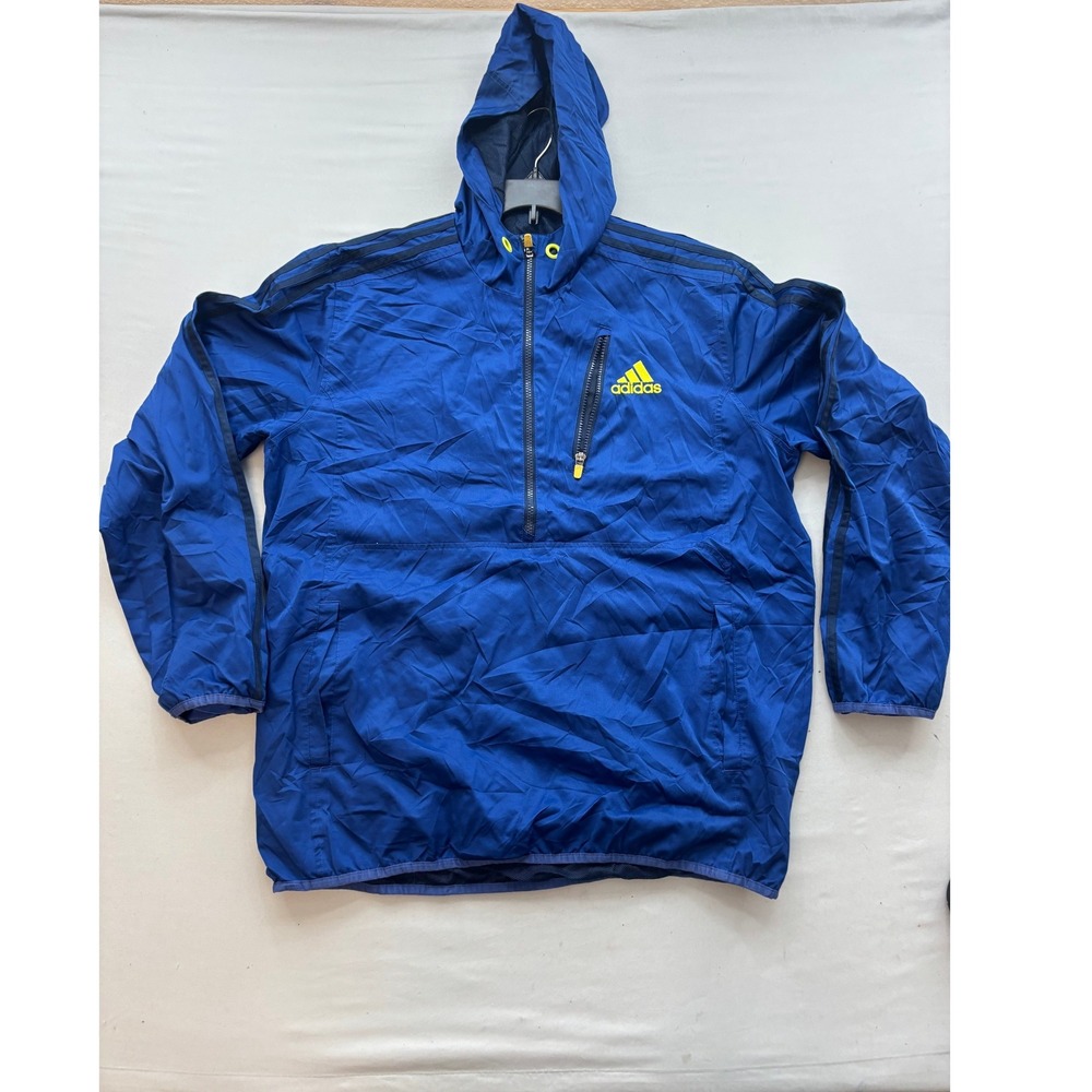 Adidas Mens XL Blue Quarter Zip Hooded Windbreaker Jacket Yellow Logo RN 88387